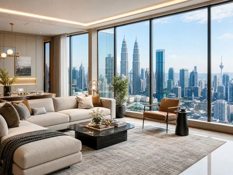 Living features: L-shape sectional sofa in beige, coffee table with black surface, area rug with neutral tones, floor-to-ceiling windows, city skyline view, decorative plants, wall-mounted lighting, side table, accent chair in brown leather, recessed ceiling lights, light wood paneling, marble flooring; style: modern; view: city.