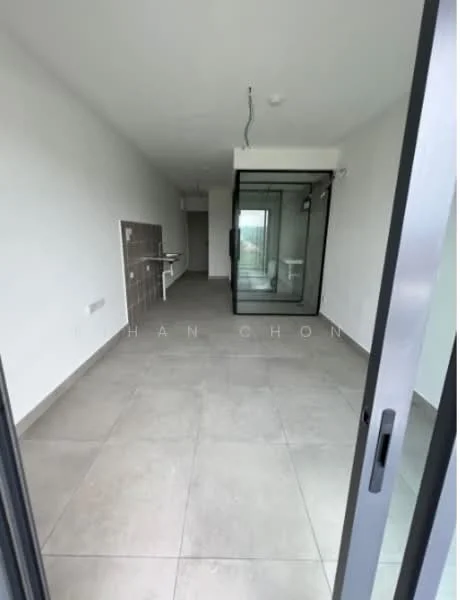 Room features: grey tiled flooring, white painted walls, glass partition, open layout, kitchenette area, ceiling light fixture, large windows, sliding glass door; style: modern; view: city.