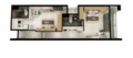 Floor plan: 2-bedroom 2-bathroom unit; features: open-plan kitchen-dining-living, master bedroom with ensuite bathroom, bedroom 2 with shared bathroom, utility room, balcony off living room, central foyer, 1 car porch.