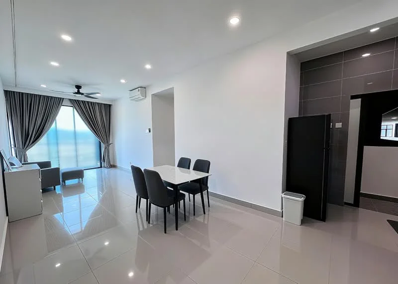 Dining features: white dining table, 4 upholstered dining chairs in grey, floor-to-ceiling windows, sheer curtains, grey tiled flooring, recessed LED downlights, ceiling fan, wall-mounted split AC; style: modern; view: city. Living features: sofa, TV console, area rug; style: modern; view: city.