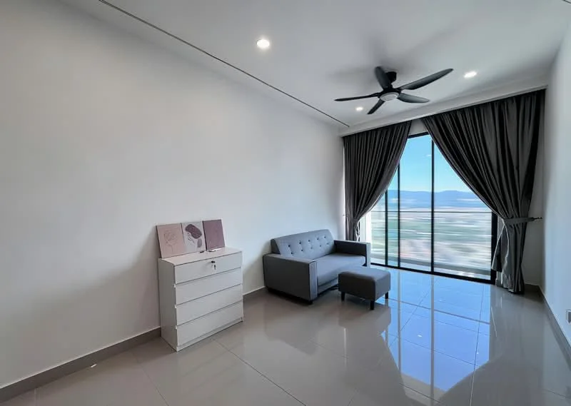 Living features: grey fabric sofa, white chest of drawers, floor-to-ceiling windows, sliding glass door, curtains, 5-blade ceiling fan with light, glossy tile flooring, white painted walls; style: modern; view: city.