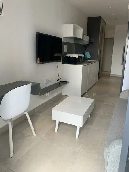 Living features: grey fabric sofa, white coffee table, wall-mounted TV, white TV console, grey cabinetry, light beige tile flooring, recessed downlights, open shelving, white dining chair, kitchenette with cabinets; style: modern.