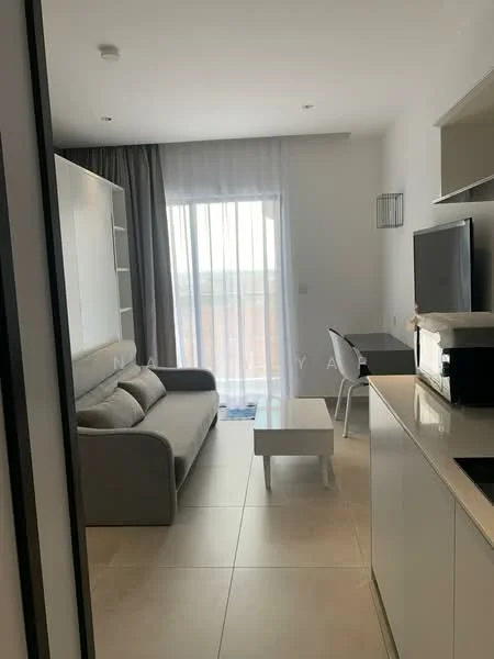 Living features: grey fabric sofa, white coffee table, wall-mounted TV, built-in shelving unit, desk with chair, floor-to-ceiling windows, sheer curtains, tile flooring, recessed downlights; style: modern.