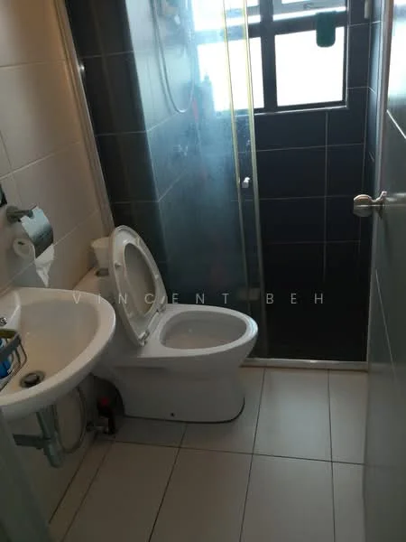 Bathroom features: white ceramic toilet, single-sink vanity with chrome faucet, glass shower enclosure, wall-mounted mirror, tiled walls in light and dark colors, white tiled flooring, toilet paper holder, shower head, window for natural light; style: modern.