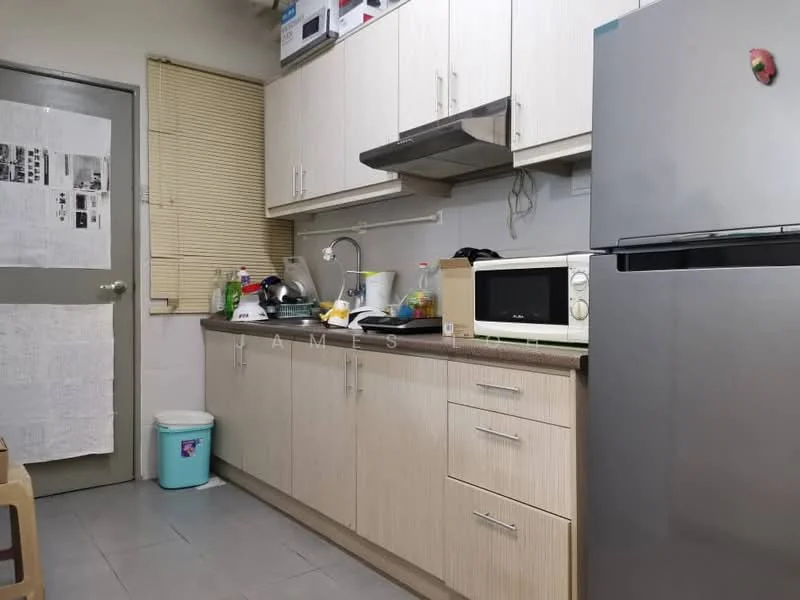 Kitchen features: light wood cabinetry, grey countertop, stainless-steel sink, chrome pull-down faucet, built-in microwave, freestanding fridge, stainless-steel range hood, ceramic tile flooring, wall-mounted cabinets, window with blinds, kitchen utensils and appliances on countertop; style: modern.