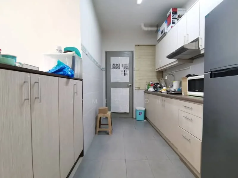 Kitchen features: light wood cabinetry, grey countertop, stainless-steel sink, chrome pull-down faucet, built-in microwave, freestanding range oven, refrigerator, tile flooring, white painted walls, window with blinds, kitchen stool, open shelving, wall-mounted cabinet; style: modern.