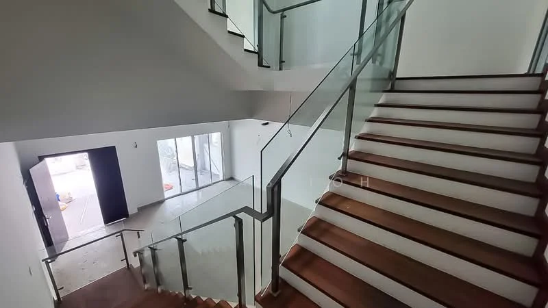 Room features: staircase with wooden treads, glass railing, white painted walls, marble flooring, large windows, double-door entrance, open space, natural light; style: modern; view: garden.