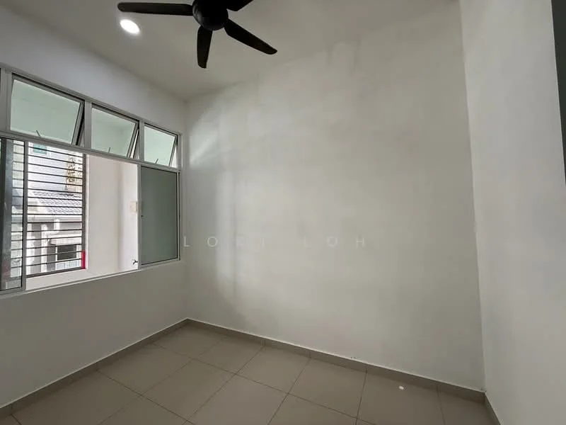 Room features: white painted walls, tile flooring, ceiling fan, large windows, natural light, corner window, neutral color scheme; style: modern.