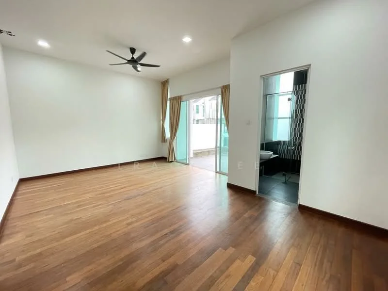 Living features: wooden flooring, 5-blade ceiling fan, white painted walls, floor-to-ceiling sliding glass door, curtains, natural light from door, open layout, access to balcony; style: modern. Bathroom features: glass shower enclosure, black and white tile flooring, wall-mounted sink, modern faucet, mirror, toilet; style: modern.