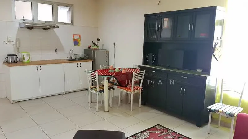 Kitchen features: white cabinetry, wood countertop, stainless-steel sink, chrome pull-down faucet, built-in refrigerator, kettle, 4-seater dining table with striped chairs, black cabinet with glass doors, tile flooring, window with natural light, decorative wall art; style: modern.