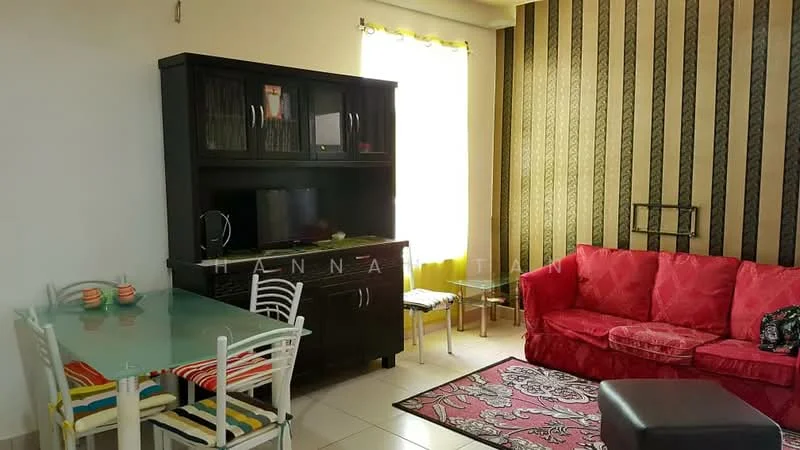 Living features: red fabric sofa, glass coffee table, black wooden cabinet, wall-mounted TV, striped dining chairs, glass dining table, area rug with floral pattern, cream tiled flooring, yellow sheer curtains, decorative wall with vertical stripes; style: contemporary.