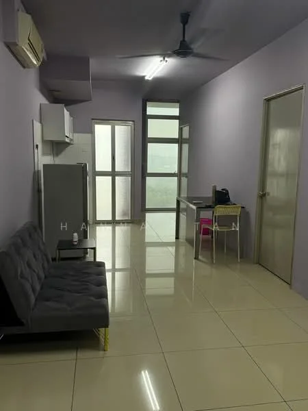 Living features: grey fabric sofa, glass coffee table, wall-mounted air conditioning unit, white kitchen cabinets, stainless-steel fridge, white tiled flooring, ceiling fan, large windows, light purple painted walls, dining table with chairs; style: modern.