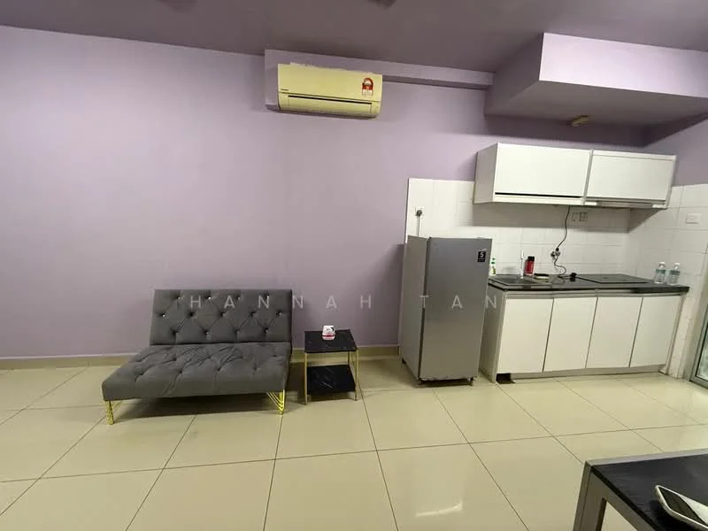 Kitchen features: purple painted walls, glossy white cabinetry, stainless-steel fridge, built-in oven, 4-burner gas hob, single-bowl stainless-steel sink, chrome pull-down faucet, ceramic tile flooring, wall-mounted split AC, countertop with backsplash; style: modern. Living features: grey fabric sofa, gold legs on sofa, small coffee table, ceramic tile flooring; style: modern.
