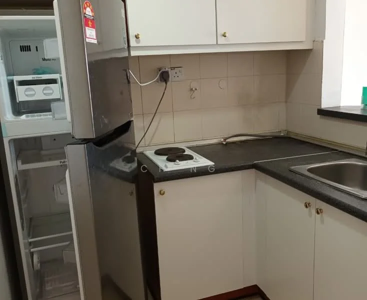 Kitchen features: white cabinetry, black granite countertop, stainless-steel fridge, single-bowl stainless-steel sink, chrome faucet, 2-burner electric stove, tile backsplash, white tiled walls, wooden flooring; style: modern.