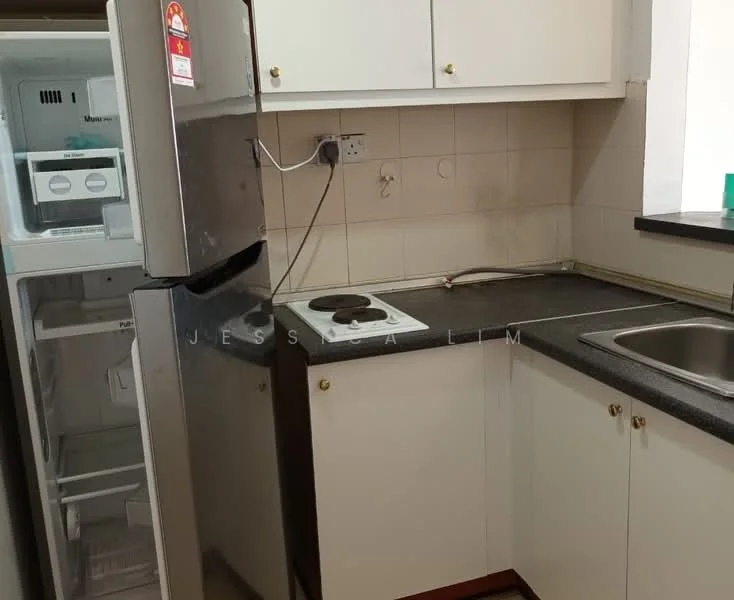 Kitchen features: stainless-steel fridge, single-bowl stainless-steel sink, chrome pull-down faucet, black granite countertop, white cabinetry, built-in stove, white tiled backsplash, wall-mounted electrical outlets; style: modern.