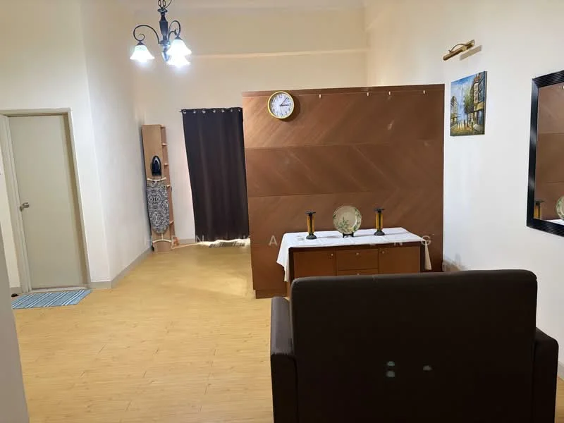 Living features: wooden flooring, white painted walls, wood accent wall, chandelier with three lights, clock on wall, decorative painting, console table, vase on table, black curtains, doorway to another room, area rug; style: modern.