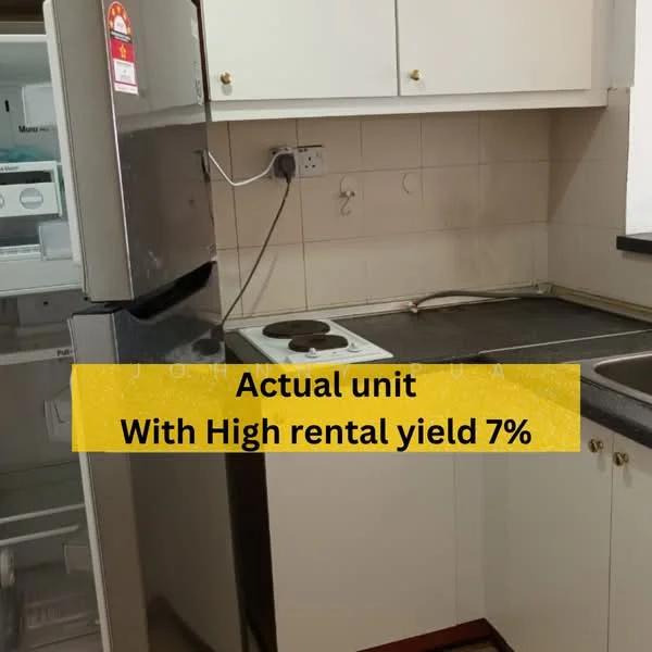 Kitchen features: white cabinetry, black countertop, stainless-steel fridge, electric stove with two burners, double-bowl stainless-steel sink, white tiled walls, tile flooring, wall-mounted electrical outlets.