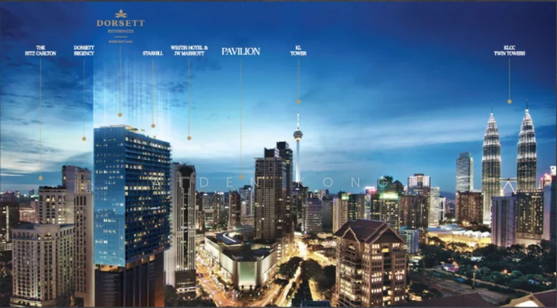 Exterior type: high-rise condominium; features: city skyline, illuminated buildings, modern architecture, surrounded by greenery, prominent landmarks visible, nighttime view, urban context; style: modern.