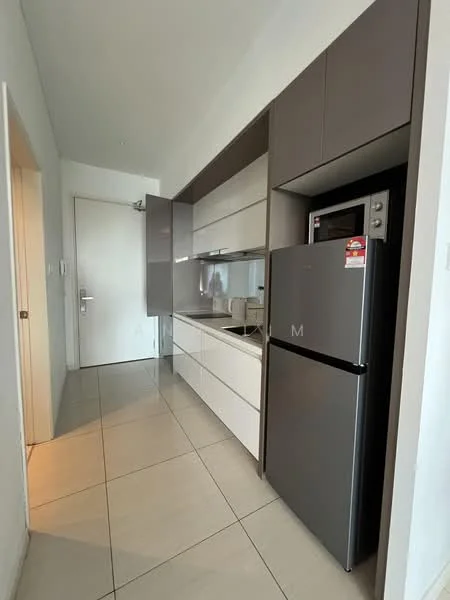 Kitchen features: grey cabinetry, white cabinetry, stainless-steel fridge, built-in oven, ceramic tile flooring, single-bowl stainless-steel sink, chrome pull-down faucet, glass backsplash, recessed downlights, white walls; style: modern.