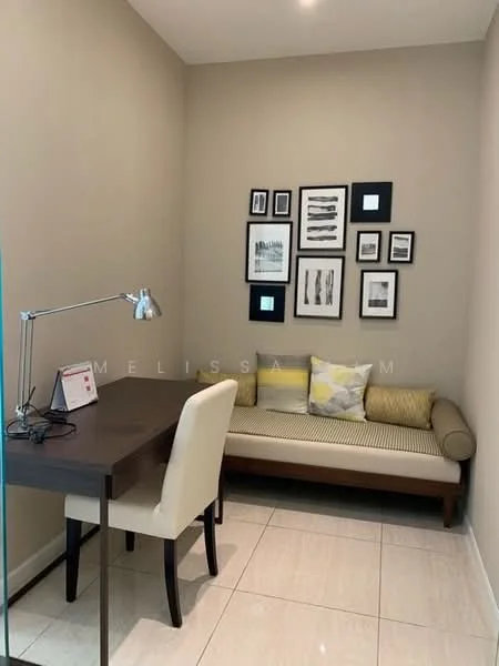 Study features: light-colored painted walls, white ceiling, recessed downlights, large window with sheer curtains, wooden desk, white upholstered chair, decorative wall art with frames, striped bench seat with cushions, glossy tile flooring; style: modern.