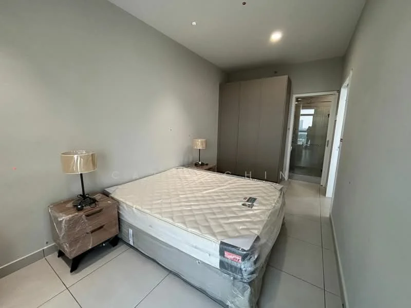 Bedroom features: queen-size bed, upholstered headboard, 2 bedside lamps, nightstand with drawer, built-in wardrobe, grey painted walls, tile flooring, recessed downlights; style: modern.