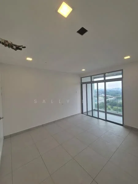 Room features: white painted walls, tile flooring, recessed downlights, floor-to-ceiling windows, city view; style: modern; view: city.