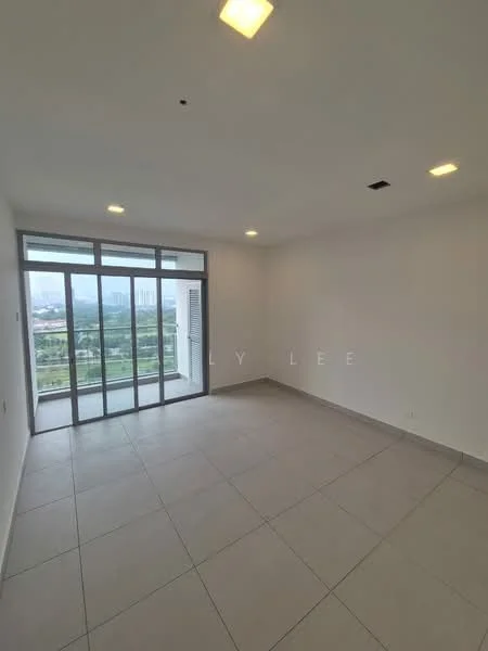 Room features: white painted walls, tile flooring, floor-to-ceiling windows, sliding glass door, recessed downlights, city view; style: modern; view: city.