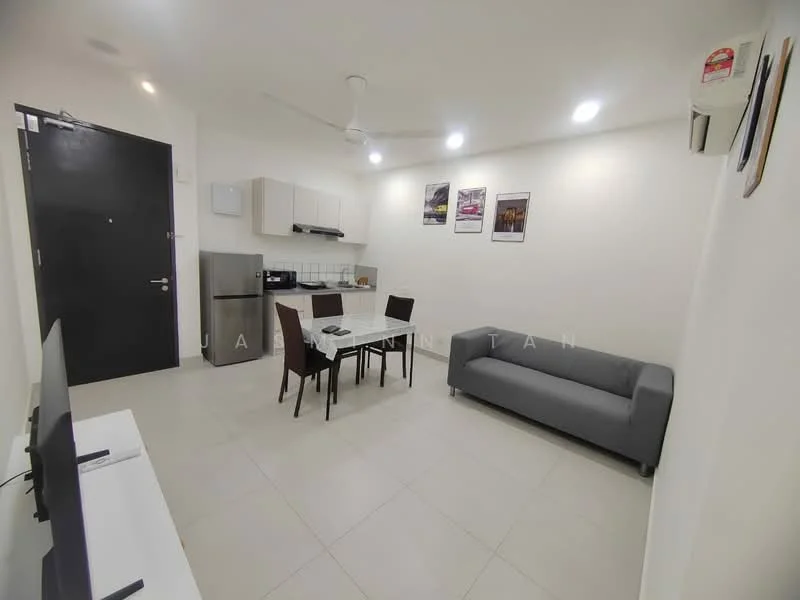 Living features: grey fabric sofa, 4-seater dining table, 4 dining chairs, wall-mounted TV, black front door, refrigerator, built-in kitchen cabinets, ceiling fan with light, white painted walls, tile flooring, air conditioning unit, framed artwork on walls; style: modern.