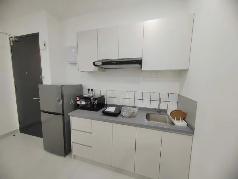 Kitchen features: white cabinetry, grey countertop, stainless-steel sink, chrome pull-down faucet, built-in oven, stainless-steel range hood, fridge, tile backsplash, wall-mounted microwave, open shelving, under-cabinet lighting; style: modern.
