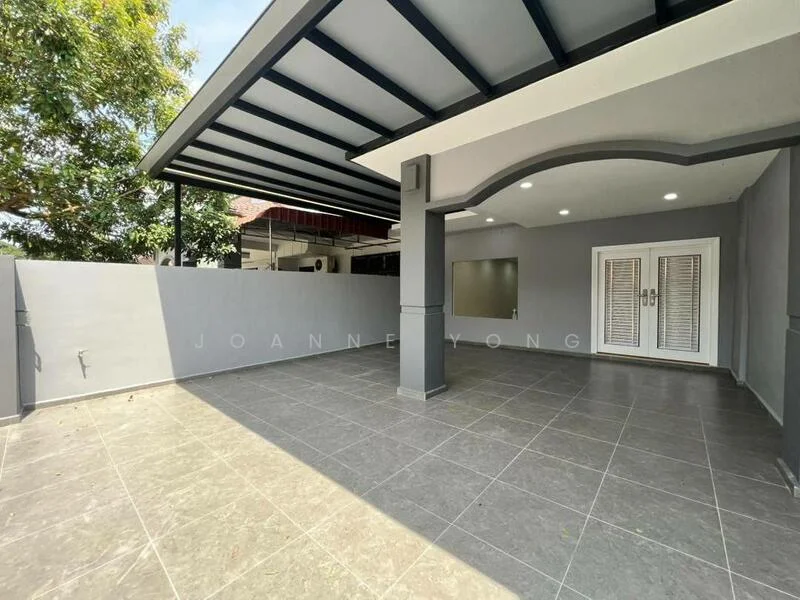 Exterior features: grey painted walls, grey tiled flooring, covered patio with metal roof, two sets of French doors with white shutters, large window with no visible treatment, manicured landscaping with trees, open space layout, outdoor area with no visible furniture; style: modern.