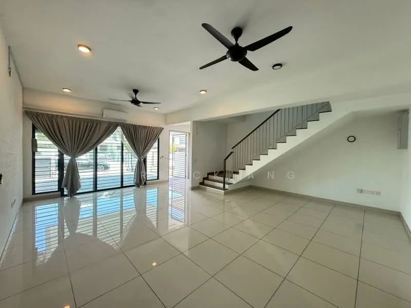 Living features: white painted walls, glossy ceramic tile flooring, 5-blade ceiling fan with light, 2 ceiling fans, large glass sliding doors, sheer curtains, staircase with white risers, recessed downlights, wall-mounted clock, open layout, natural light from windows; style: modern; view: garden.
