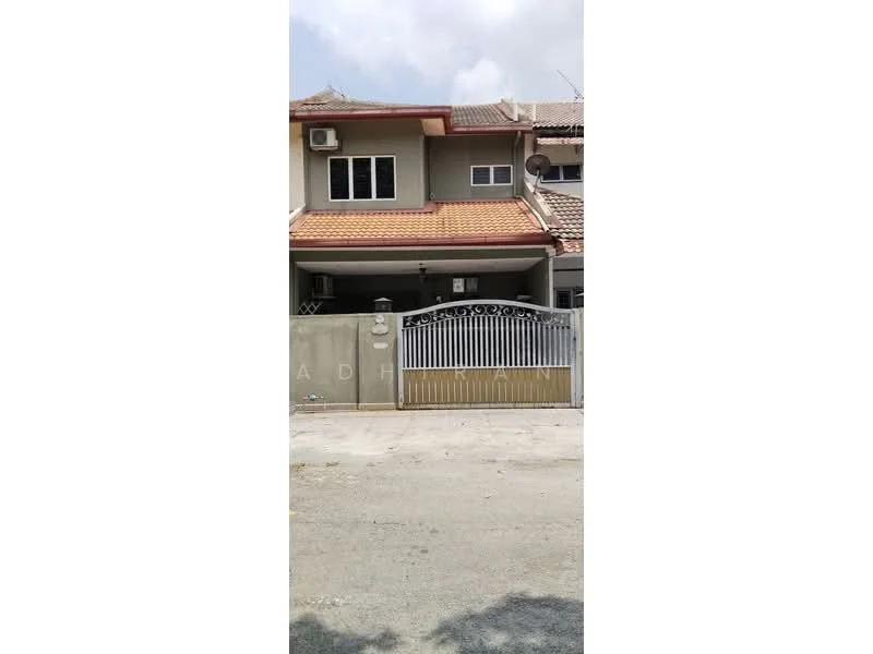 Exterior type: linked terrace house; features: grey painted facade, red tiled roof, metal gate, front porch, air conditioning unit visible, two-storey structure, driveway, fenced perimeter; style: modern.