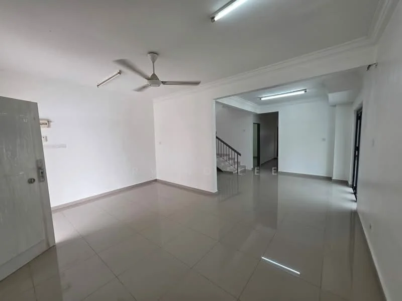 Living features: white painted walls, glossy ceramic tile flooring, tray ceiling, ceiling fan, recessed downlights, large windows, open layout, neutral color scheme; style: modern. Room features: white painted walls, glossy ceramic tile flooring, neutral color scheme.