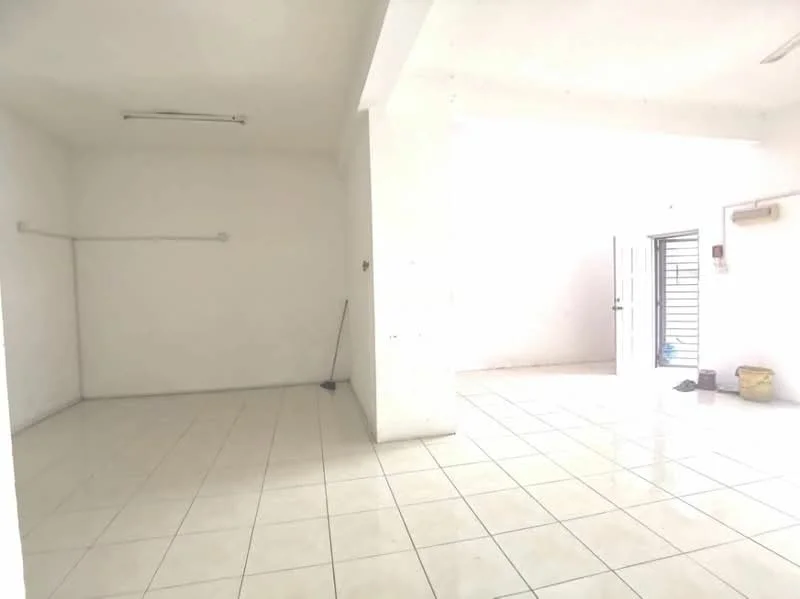 Room features: white painted walls, glossy white tile flooring, ceiling lights, open layout, clean and minimalistic design; style: modern.