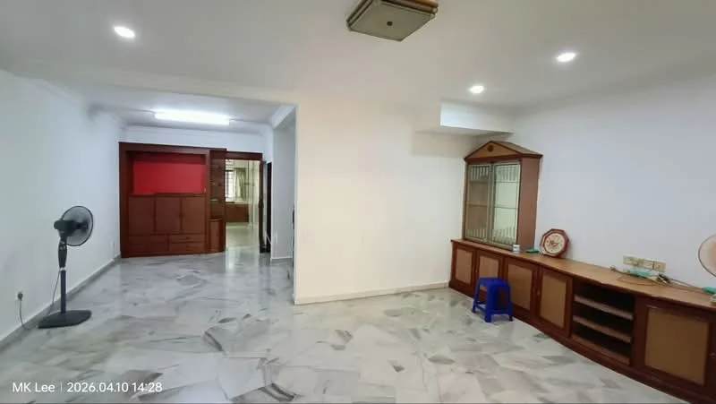 Living features: white painted walls, marble flooring, recessed downlights, ceiling-mounted air conditioning unit, wooden cabinet, open shelving, blue plastic stool, floor fan. Room features: white painted walls, marble flooring.