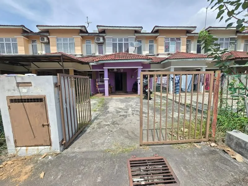 Exterior type: linked terrace house; features: gated entrance, concrete driveway, manicured lawn, two-storey structure, red tiled roof, front porch area, visible air conditioning units, laundry hanging in the background, surrounding greenery, paved walkway, metal gate; style: modern.