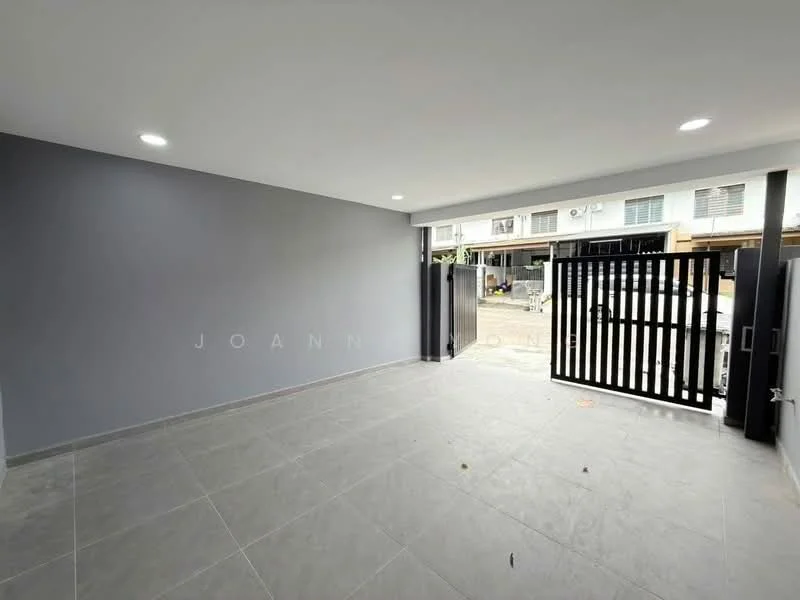 Room features: grey painted walls, tile flooring, recessed LED downlights, sliding glass door, black metal gate, large windows, open layout, concrete ceiling; style: modern; view: street.