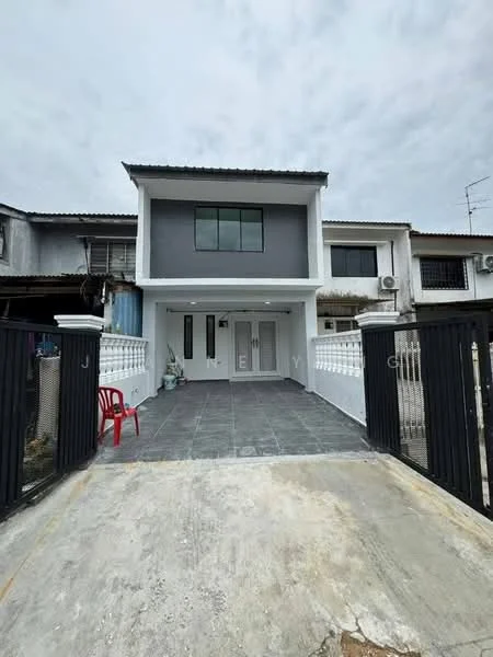 Exterior type: linked terrace house; features: white painted facade, grey accent wall, flat roof, approximately 2-storey, manicured front yard, paved driveway, guard rail, front porch with railing, large windows, air conditioning units visible; style: modern.