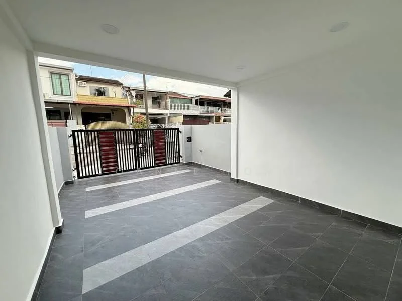 Room features: white painted walls, grey tiled flooring, sliding glass door, large window, recessed downlights, open layout, access to outdoor area, minimalist design; style: modern; view: garden.