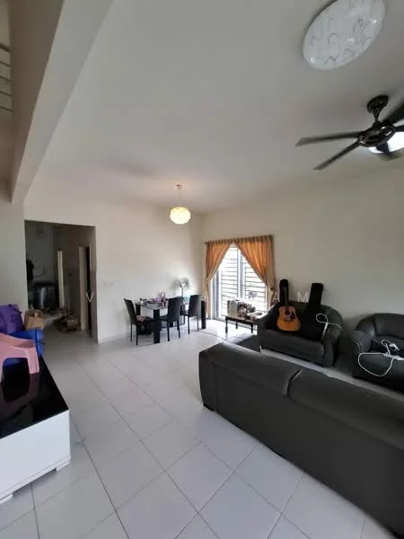 Living features: grey leather sofa, 3-seater sofa, coffee table, TV console, wall-mounted TV, dining table with chairs, pendant light, ceiling fan with light, floor-to-ceiling windows with curtains, light-colored tiled flooring, decorative wall art, guitar on display; style: modern.