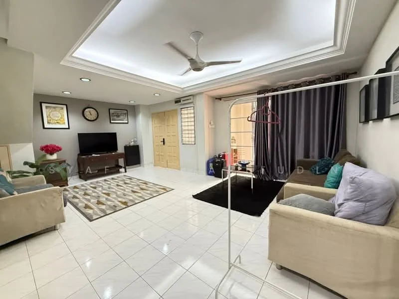 Living features: white painted walls, tray ceiling, recessed downlights, ceramic tile flooring, 3-seater fabric sofa in beige, 2-seater fabric sofa in light grey, coffee table, TV console, wall-mounted TV, area rug with geometric pattern, ceiling fan, curtains, decorative wall clock, houseplants in ceramic pots; style: modern.