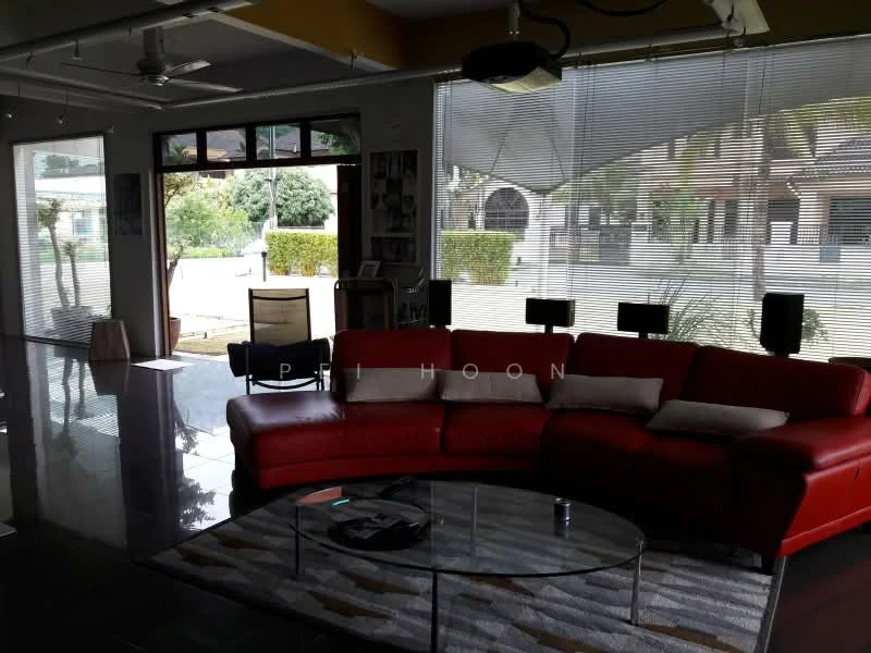 Living features: red leather sectional sofa, glass coffee table, area rug with geometric pattern, floor-to-ceiling windows, roller blinds, wall-mounted speakers, ceiling fan, polished tile flooring, decorative wall art, open layout to outdoor space; style: modern; view: garden.