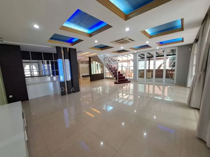 Living features: glossy marble flooring, white painted walls, tray ceiling with blue LED lighting, exposed beams, large glass sliding doors, open layout, staircase with metal railing, built-in cabinetry, air conditioning unit; style: modern; view: garden.