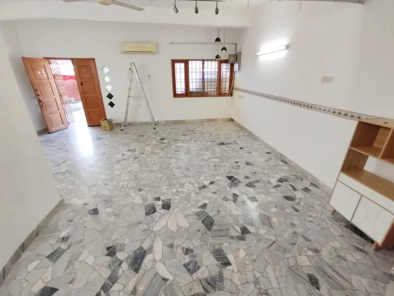 Room features: marble flooring, white painted walls, ceiling fan, recessed downlights, window with wooden frame, wooden door, built-in shelving unit, ladder, air conditioning unit, decorative wall trim; style: modern.