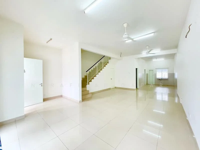 Room features: white painted walls, glossy ceramic tile flooring, ceiling with fluorescent lighting, 2 ceiling fans, staircase with wooden railing, door leading to another room, large window for natural light; style: modern.