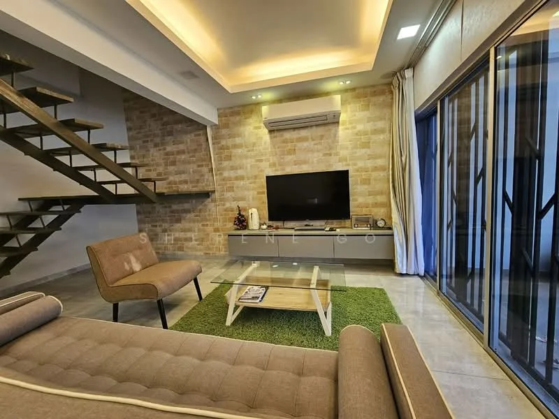 Living features: grey fabric sofa, glass coffee table, green area rug, exposed brick wall, recessed ceiling lights, wall-mounted TV, air conditioning unit, large sliding glass doors, wooden staircase; style: modern.