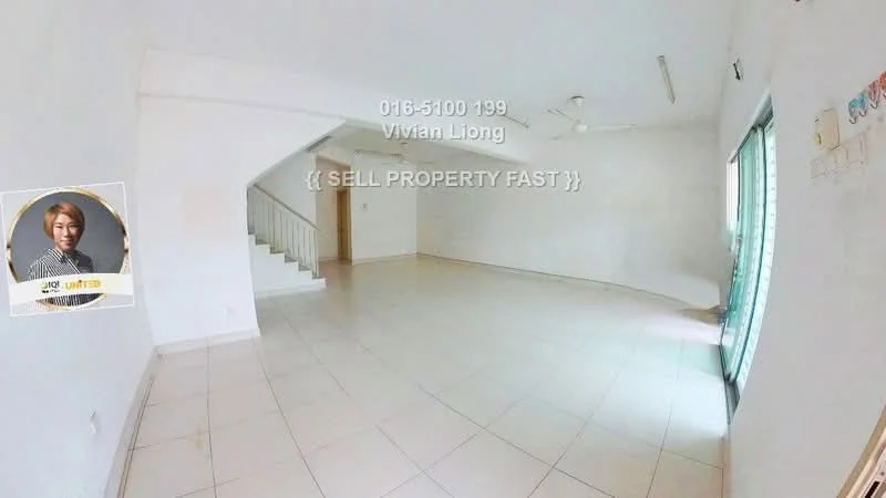 Room features: white painted walls, tile flooring, ceiling fan, large windows, staircase visible, open layout, natural light, neutral color scheme; style: modern.