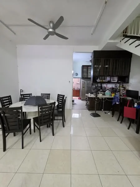 Dining features: round dining table, 8 black dining chairs, 5-blade ceiling fan, white painted walls, tile flooring, open layout, decorative centerpiece on table; style: modern. Kitchen features: kitchen cabinets, stainless-steel appliances, countertop with sink, tile flooring, open layout, kitchen island, various kitchen utensils visible; style: modern.