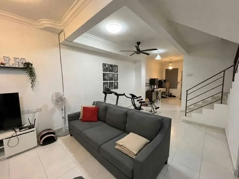 Living features: grey fabric sofa, red accent cushion, white painted walls, ceiling fan, recessed ceiling lights, TV console, wall-mounted TV, decorative wall art, tile flooring, standing fan; style: modern. Room features: staircase, office desk, computer chair, additional seating.