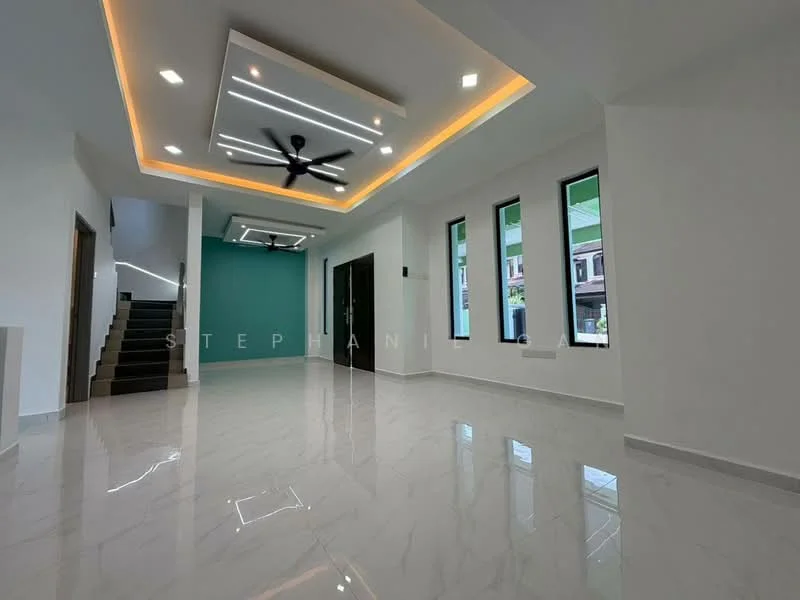 Living features: white painted walls, grey accent wall, marble tile flooring, tray ceiling with LED strip lighting, 5-blade ceiling fan, floor-to-ceiling windows, sliding glass door, recessed downlights; style: modern.
